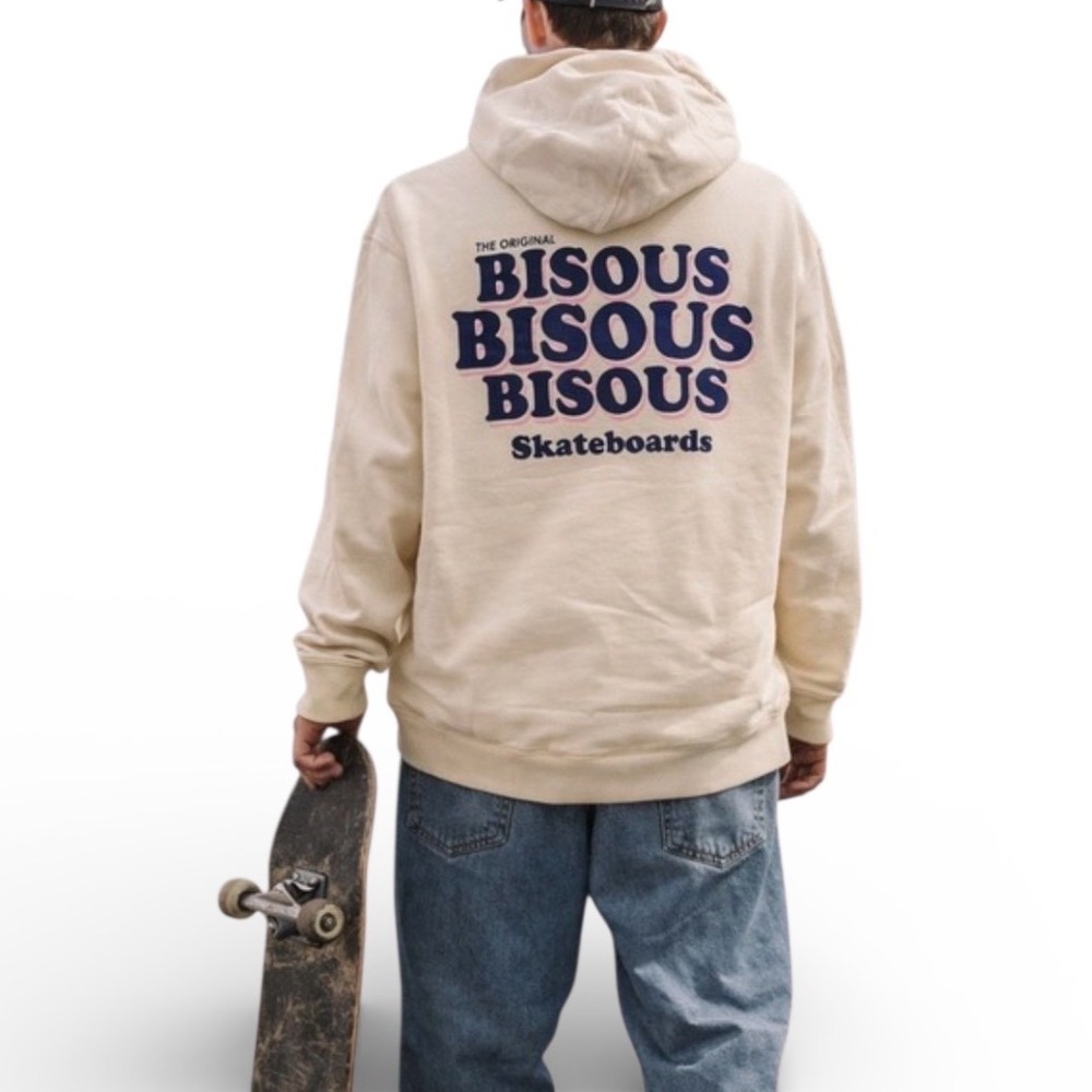 BISOU SKATEBOARDS The Original‎ Bisous Graphic Hoodie Cream Cotton Pullover Med